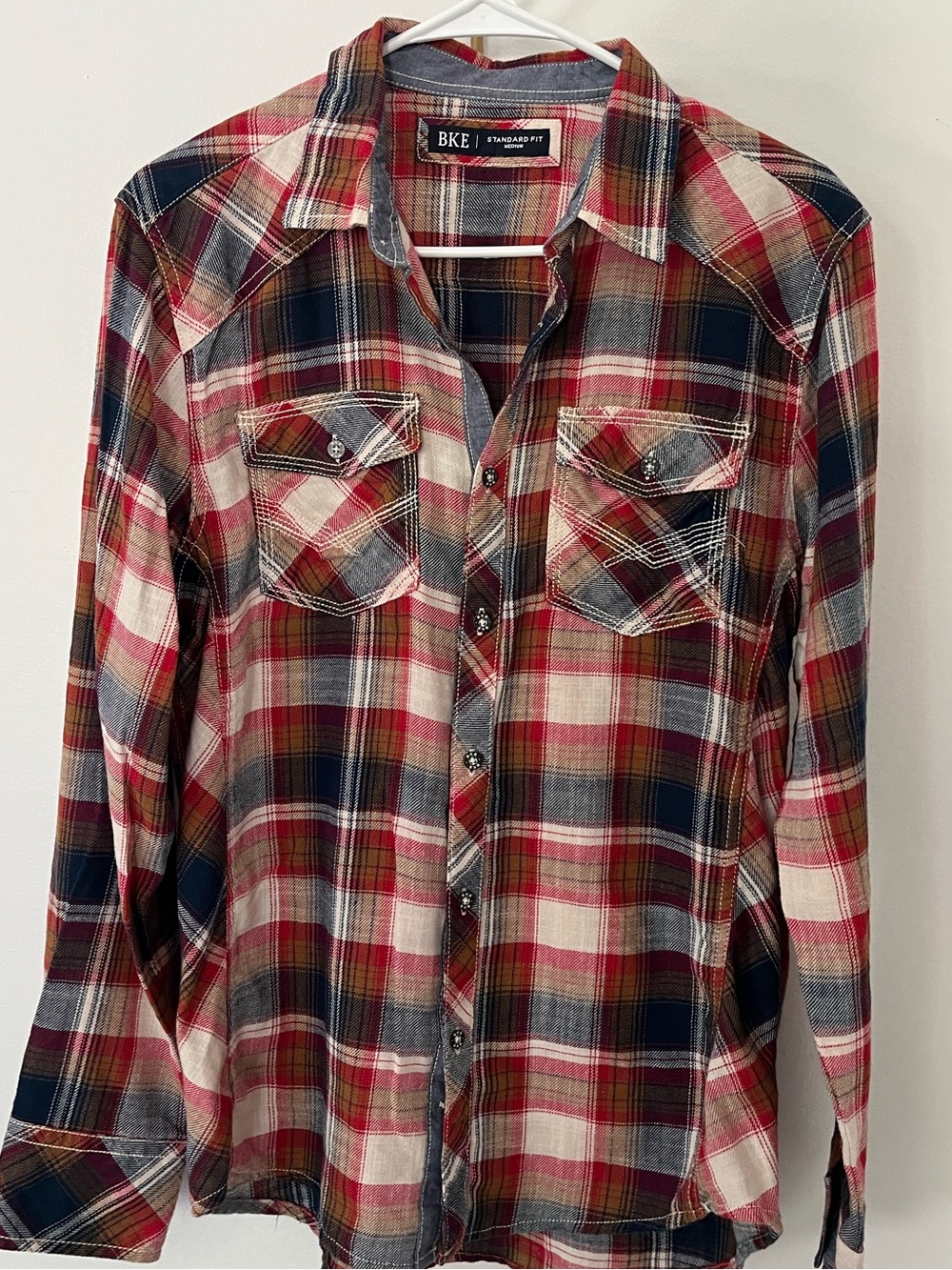 BKE Men's Red, Navy & Cream Plaid Button-Down Shirt